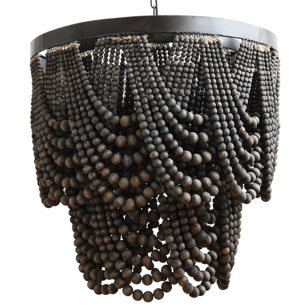 Desert Fields Black Wood Bead and Black Metal Chandelier Style Ceiling Light