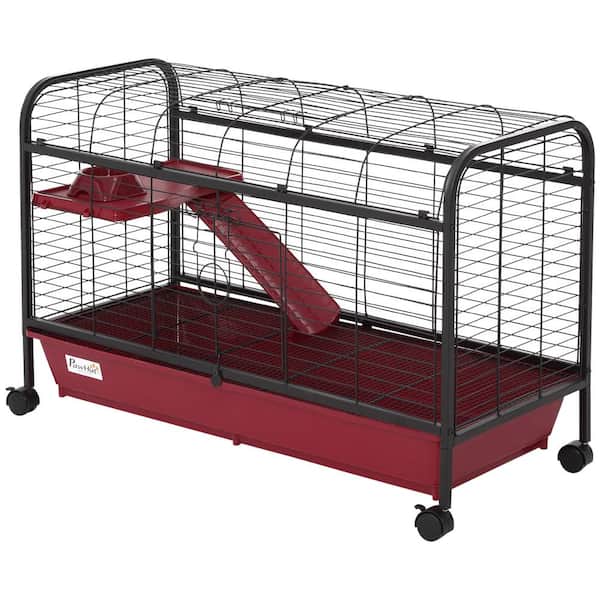 PawHut Metal Wire Small Animal Pet Cage with Wheels, Red & Black, 42
