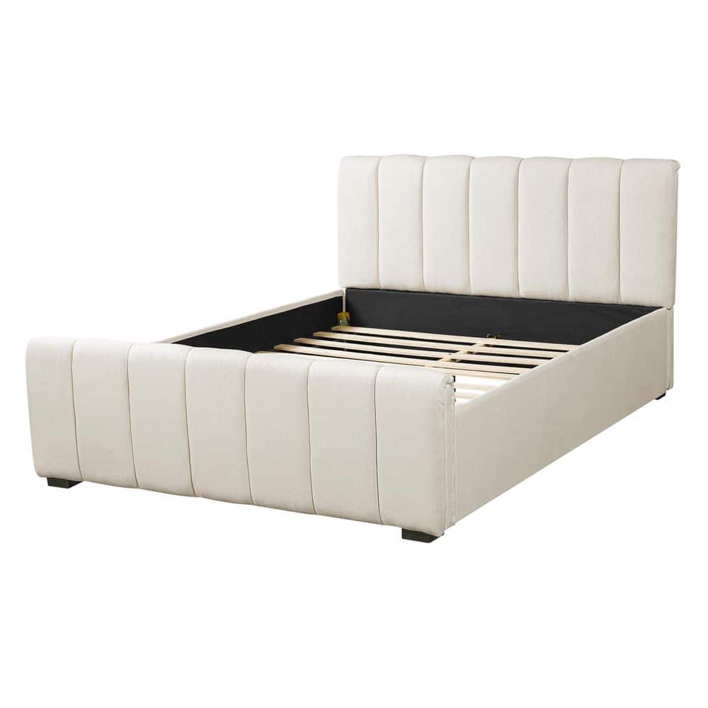 Bastin Beige Linen Fabric Upholstered Wood Frame King Size Platform Bed with Pipes Tufted Thick Headboard - thumbnail 4