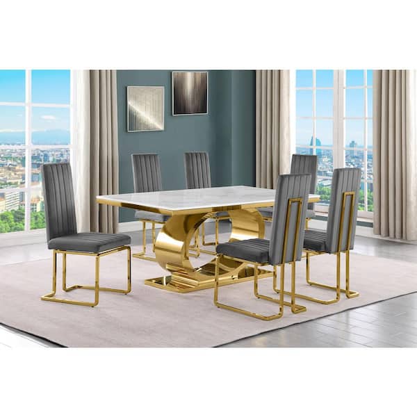 Best Quality Furniture Ibraim 7-Piece Rectangle White Marble Top Gold Stainless Steel Base Dining Set with 6 Dark Grey Velvet Chrome Iron Chair