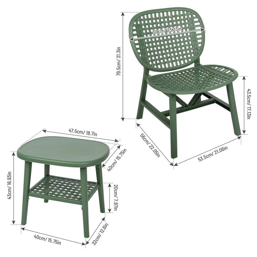 Green Plastic 3-Piece Outdoor Bistro Set with Armchairs and Table