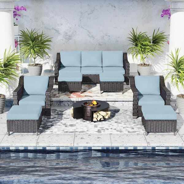 Gardenbee 7-Piece Wicker Outdoor Patio Conversation Set Sectional Sofa and Ottomans with Baby Blue Cushions
