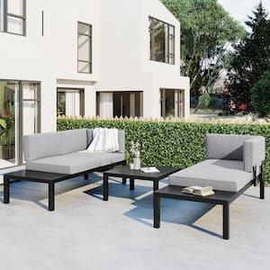 3-Piece Black Aluminum Alloy Outdoor Sectional Sofa Set with Gray Cushion, End Table and Coffee Table