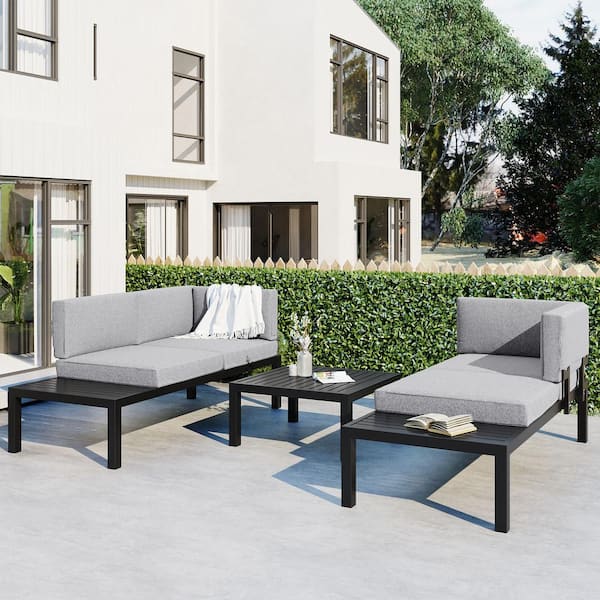 Zeus & Ruta 3-Piece Black Aluminum Alloy Outdoor Sectional Sofa Set with Gray Cushion, End Table and Coffee Table