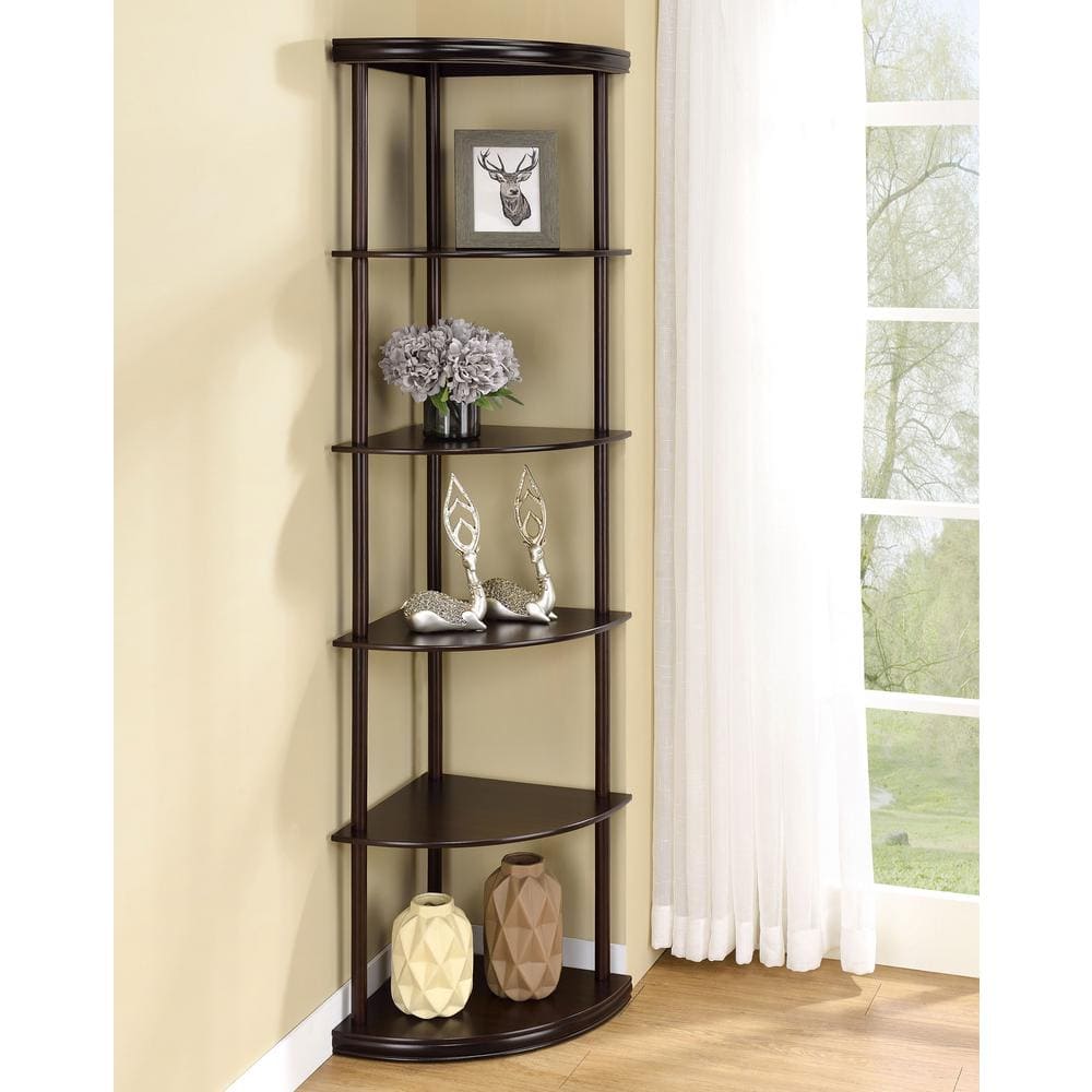 Cappuccino Brown 5-Shelf Corner Bookcase with Metal Frame
