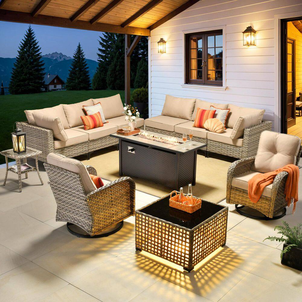 Melly Gray 11-Piece Wicker 54 in. Rectangle Fire Pit Outdoor Sectional Set with Beige Cushions and Swivel Chairs price history on PriceWatchPro