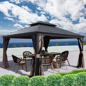 Alexander 14 ft. D x 9 ft. H x 12 ft. W Aluminum Hardtop with Gazebo Galvanized Steel Roof, Nettings & Curtains(Gray)