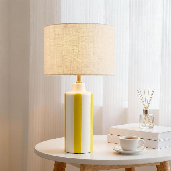 26 in. Farmhouse White Ceramic Table Lamp with Orange Stripe, Beige Linen Shade