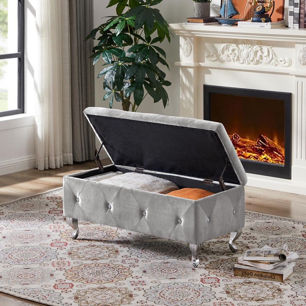 Gray Dining Bench 38 in. ., Upholstered Bedroom Bench with Storage