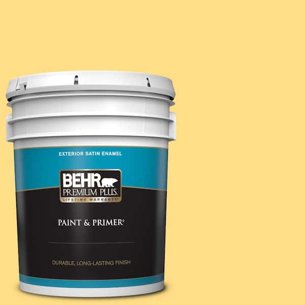 BEHR PREMIUM PLUS 5 gal. #330B-5 Yellow Corn Satin Enamel Exterior Paint & Primer