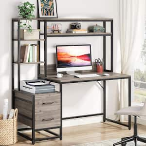 Capen 55 in. Rectangular Gray Engineered Wood 2-Drawer Computer Desk Corner Office Desk with Storage Shelves and Hutch