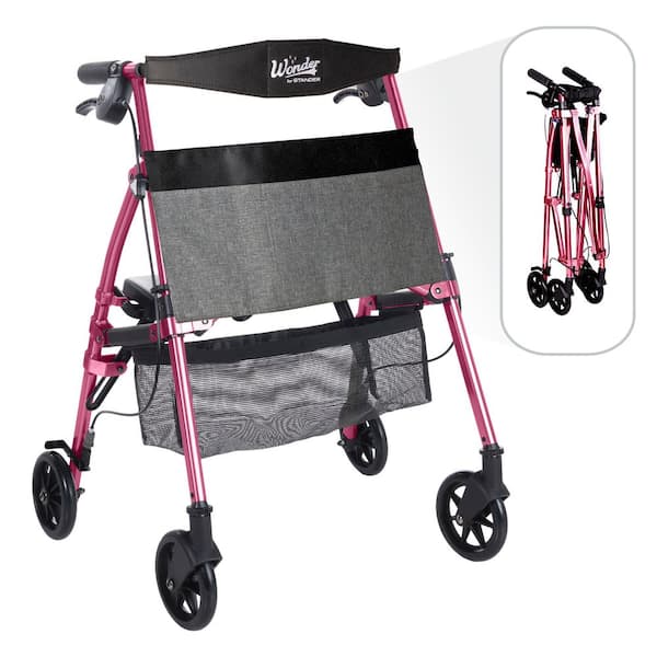 Stander Wonder Rollator Plus Short, Lightweight Junior Folding Four Wheel Walker with Seat for Seniors in Regal Rose