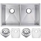 Undermount Stainless Steel 31 in. Double Bowl Kitchen Sink with Strainer and Grid in Satin