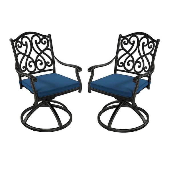 Mondawe Black Cast Aluminum Swivel Rocking Outdoor Dining Chair with Navy Blue Cushions (4-Pack)
