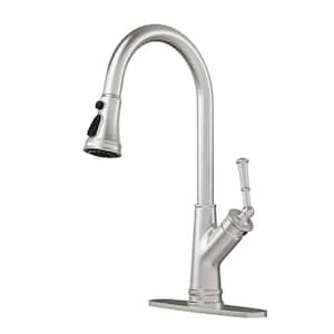 Single Handle Pull Down Sprayer Kitchen Faucet, Three-function Pull out Sprayhead, with Deckplate in Brushed Nickel