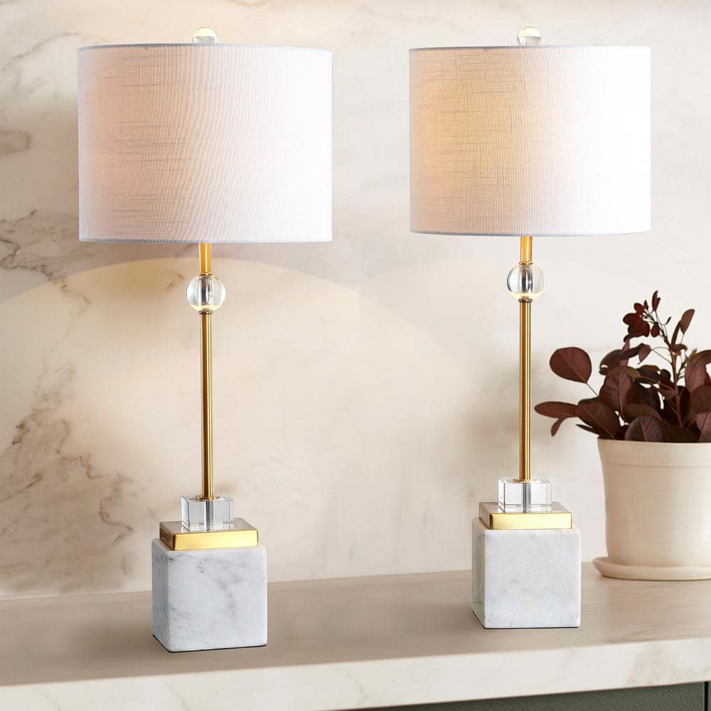 Dawson 30" White Marble and Brass LED Table Lamp Set