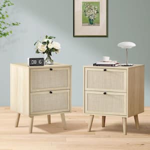 Natural Wooden Rattan 2-drawer Nightstand Set of 2(13.78 in. D x 15.75 in. W x 21.65 in. H)