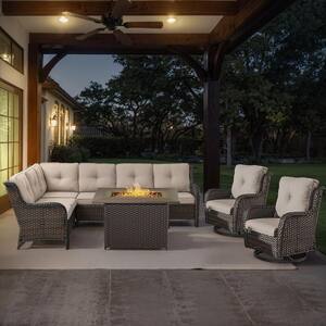 Brown 4-Piece Wicker Patio Fire Pit Set, Outdoor Sectional Seating Set with Olefin Beige Cushions and Swivel Rockers