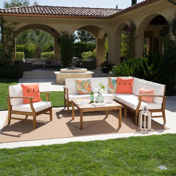 Noble House Lilian Teak Finished 7-Piece Wood  Outdoor Patio  Sectional Set with Cream Cushions