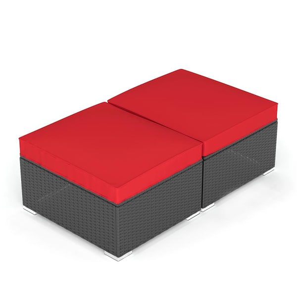 OVASTLKUY Black Wicker Outdoor Rattan Ottoman Withe Red Cushion (2-Piece)