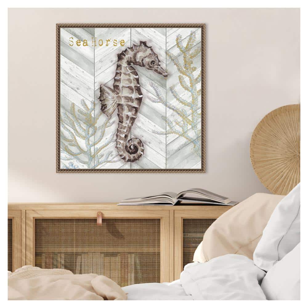 Gray Gold Chevron Seahorse Canvas Wall Art with Bronze Frame
