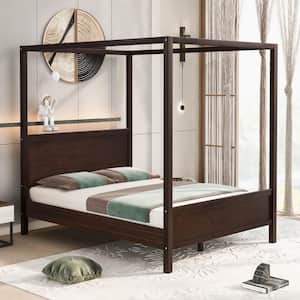Brown Frame Queen Size Canopy Bed with Headboard and Footboard, Slat Support Leg