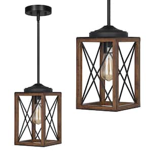 60-Watt 1-Light Farmhouse Pendant Light with Brown Wooden Grain Finish Shade, No Bulbs Included