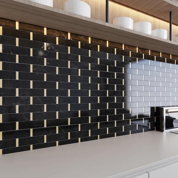 Black 11 in. x 11.75 in. Marble and Gold Steel Trim Subway Mosaic Tile (4.8 sq. ft.)
