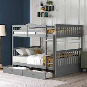 Classic Gray Full Over Full Wood Bunk Bed with Ladder and 2-Storage Drawers