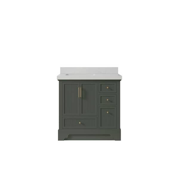 Willow Collections Alys 36 in. W x 22 in. D x 36 in. H Left Offset Sink Bath Vanity in Pewter Green with 2" Carrara Quartz Top