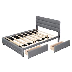 Gray 64 in. W Wood Frame Queen Upholstered Platform Bed with Trundle Wood Adult Trundle Bed with Solid Slats