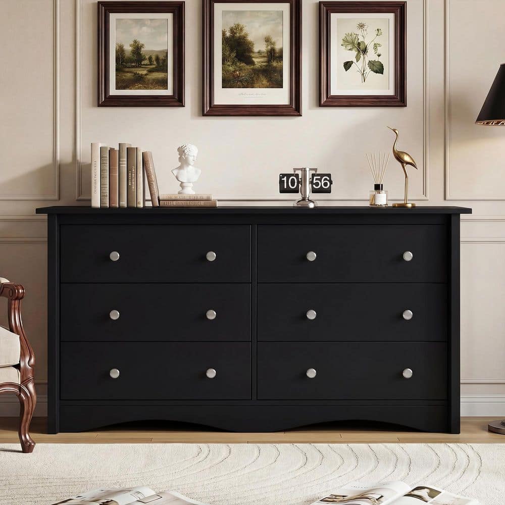 LACOO Creaser 47.2 in. Black MDF Dresser for Bedroom, Wide Chest of Drawers with 6-Wood Dresser Drawers