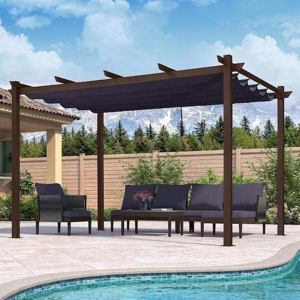 PURPLE LEAF 10 ft. x 13 ft. Bronze Aluminum Frame Outdoor Patio Pergola Gazebo with Navy Blue Retractable Sun Shade Canopy for Porch