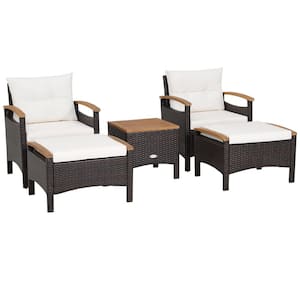 5-Pieces Wicker Patio Conversation Set Chair with Coffee Table, 2 Ottomans White Cushions for Backyard, Poolside
