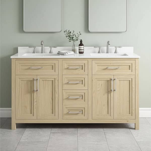 Beaufort 60 in. Double Sink Light Birch Bath Vanity with White Engineered Stone Top (Assembled)