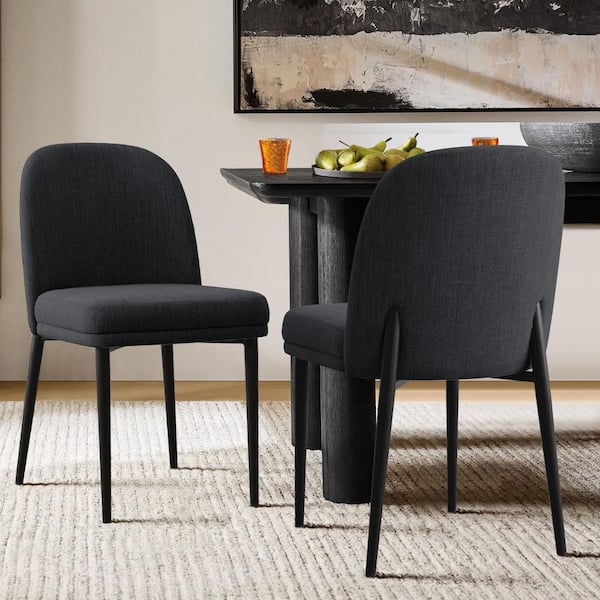 LAOTIES Black Linen Upholstered Dining Chair(Set of 2)