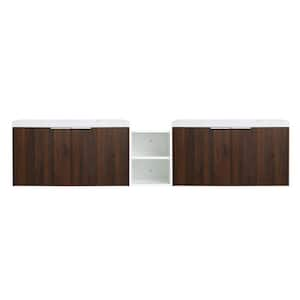 18 in. W x 84 in. D x 19 in. H 2 Sink Wall Mounted Bath Vanity in Walnut with White Resin Top and 1-Storage Shelves