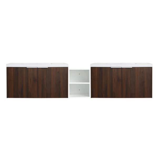18 in. W x 84 in. D x 19 in. H 2 Sink Wall Mounted Bath Vanity in Walnut with White Resin Top and 1-Storage Shelves