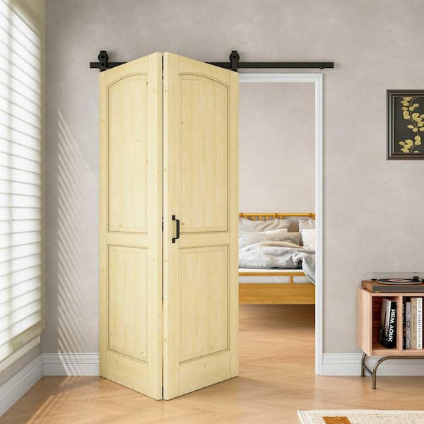ARK DESIGN 60 in. x 80 in. 2-Lite Panel Arched Unfinished Solid Core Pine Wood Bifold Sliding Barn Door with Hardware Kit