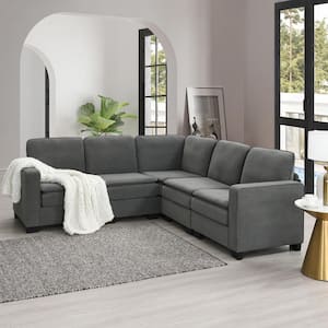 89 in. Modern L-Shaped Velvet Sectional Sofa in. Gray with Double Cushions