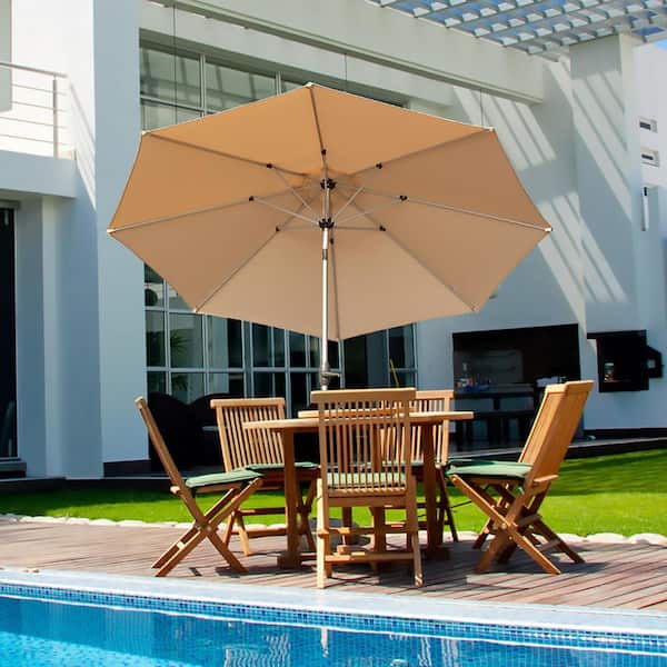 Unbranded 10 ft. Market Patio Umbrella in Beige, Outdoor Table Umbrella with Push Button Tilt, Crank and 8-Sturdy Ribs