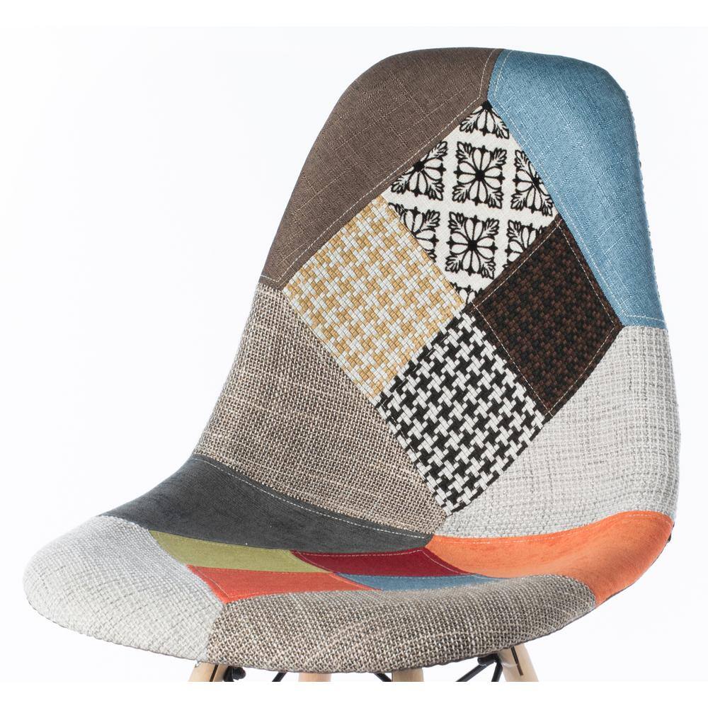 Multicolor Patchwork Upholstered Side Chair with Wooden Legs