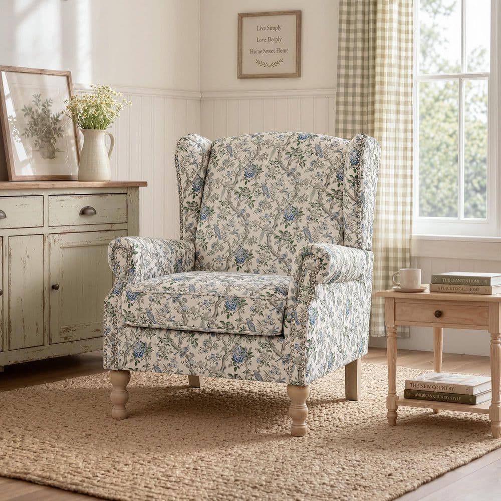 Traditional Upholstered Wingback Chair with High Back, Nailhead Trim and Solid Wood Legs in Floral Linen price history on PriceWatchPro
