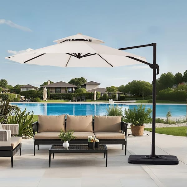 11 ft.Double Top Round Outdoor Cantilever umbrella with Cover,Heavy-Duty 360° Rotation Patio Umbrella in Off-White