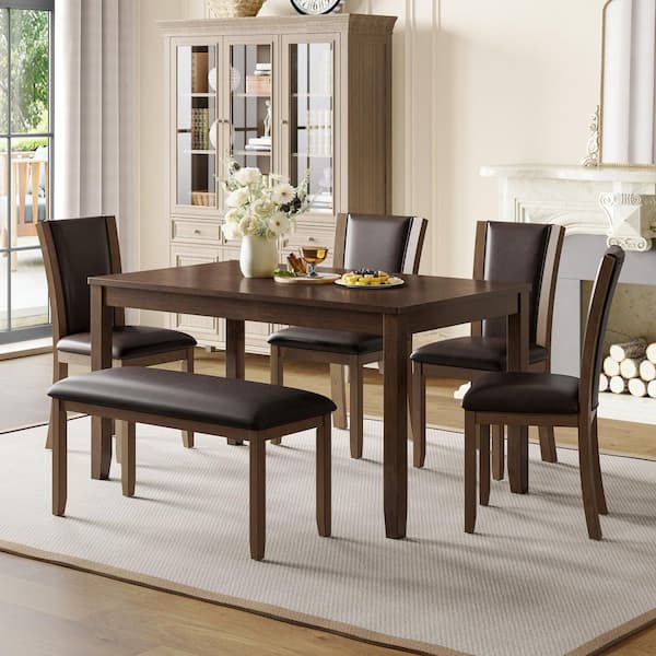 Delora Modern 6-Piece Rectangle Dining Table Set w/ Faux Leather Upholstered Chairs Bench Dark Walnut Plus Dark Brown