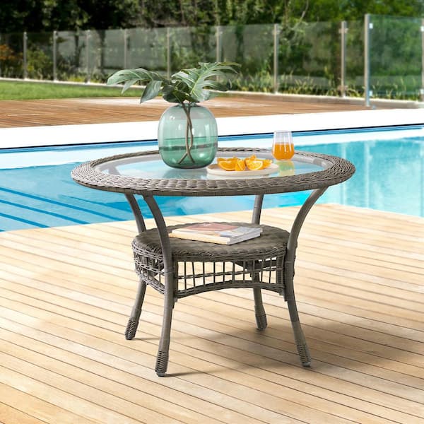 All Weather Wicker Outdoor Dining Table, Round Rattan Garden Table With Glass Top