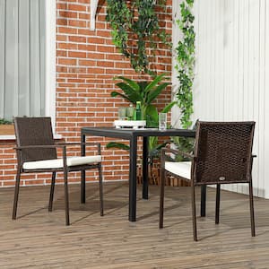 Modern Metal Outdoor Dining Chair with All-Weather Hand-Woven Resin Wicker and High Backrest in White Cushions (2-Pack)