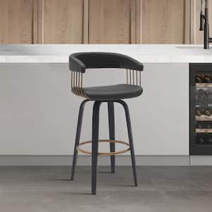 Topanga Swivel 26 in. Black/Black and Golden Bronze Wood Counter Stool with Black Faux Leather Seat