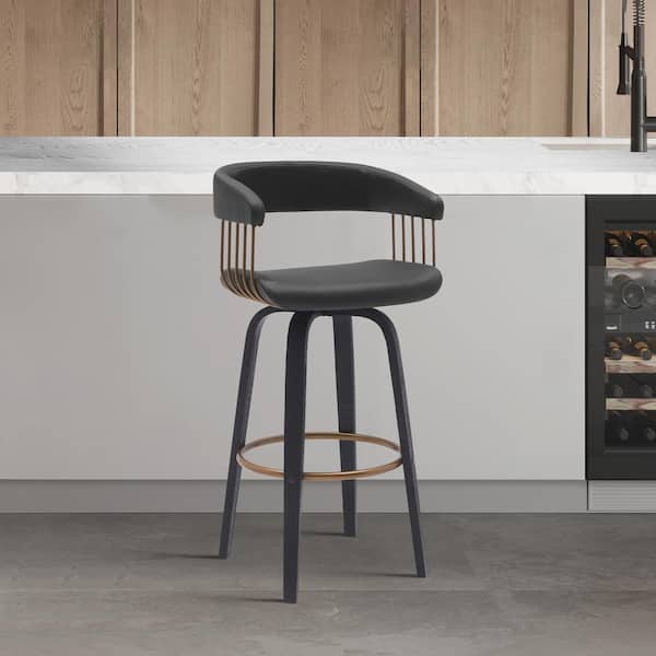 Armen Living Topanga Swivel 26 in. Black/Black and Golden Bronze Wood Counter Stool with Black Faux Leather Seat