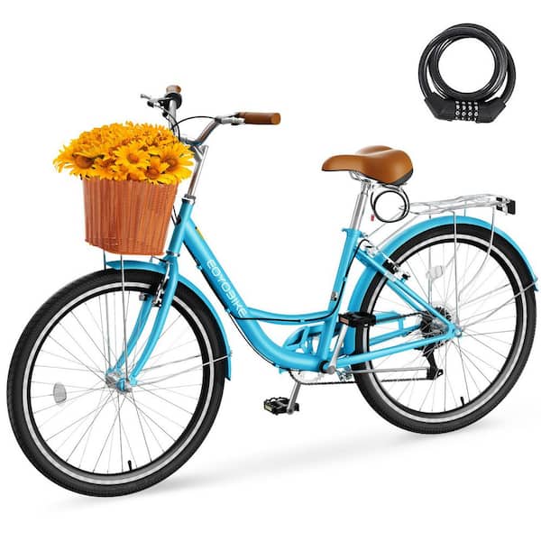 24 in. Beach Cruiser Bike for Adult 2-Wheel 7-Speed Commute Bike Cruiser Bike for Women with Basket and Rack, Blue